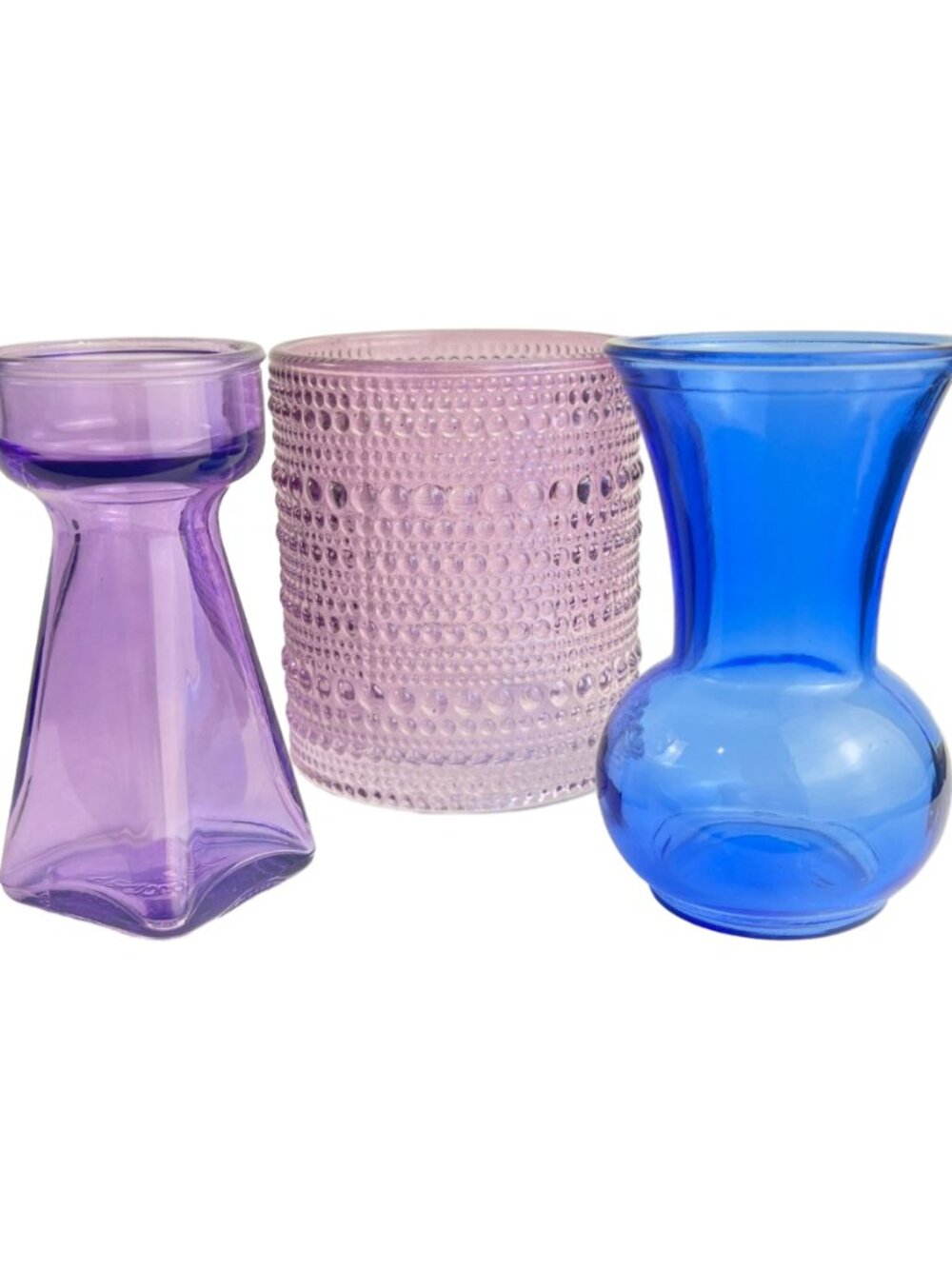 Set of 3 Small Blue and Purple Vases Candle Holders Glassware